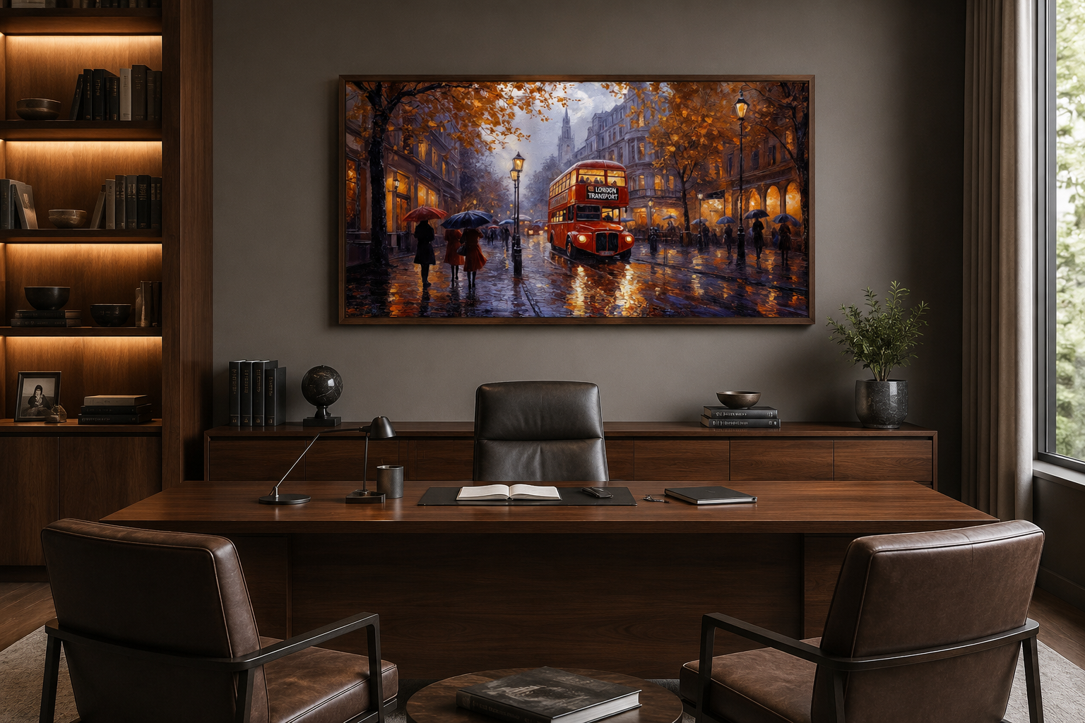 Red Double Decker Bus In Rainy London Framed Canvas Wall Art For Office Decor