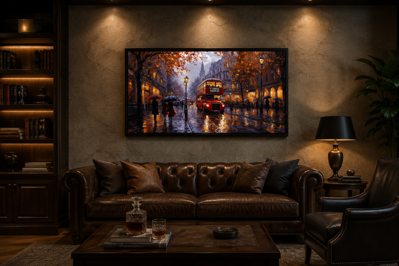 Red Double Decker Bus In Rainy London Framed Canvas Wall Art For Office Decor