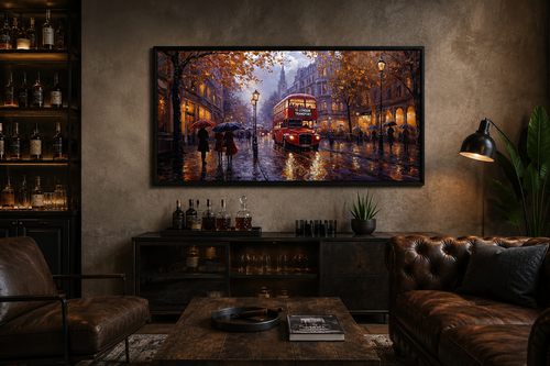 Red Double Decker Bus In Rainy London Framed Canvas Wall Art For Office Decor