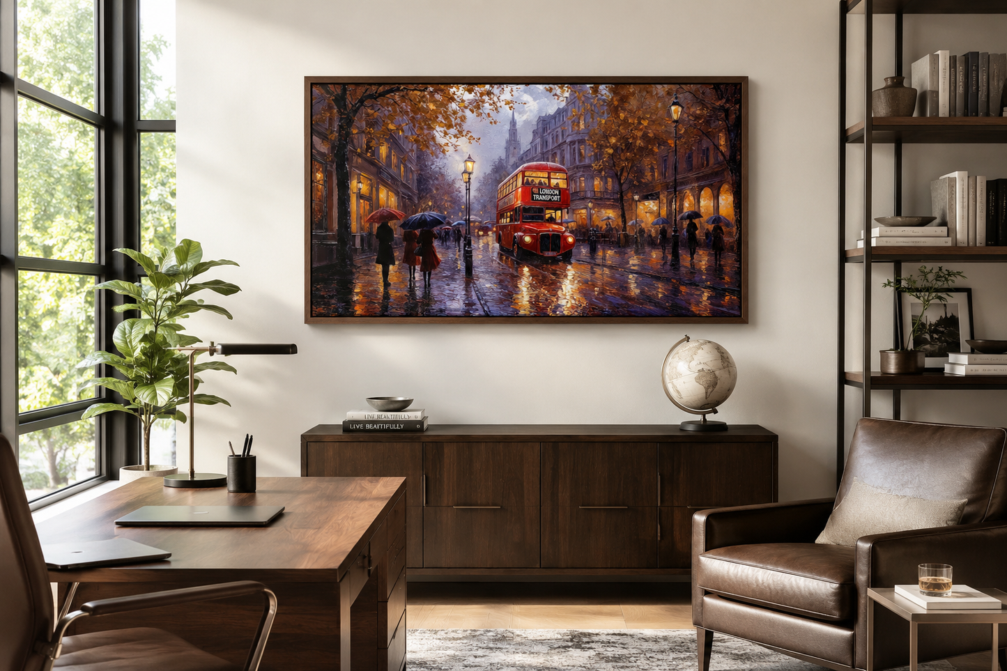 Red Double Decker Bus In Rainy London Framed Canvas Wall Art For Office Decor