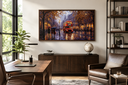 Red Double Decker Bus In Rainy London Framed Canvas Wall Art For Office Decor