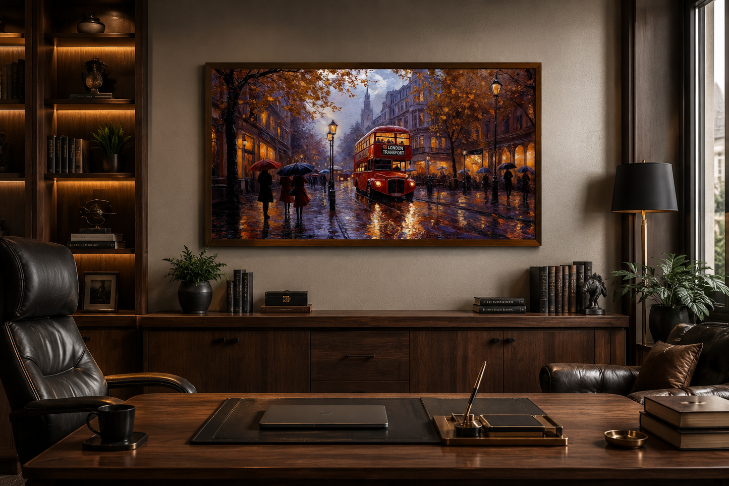 Red Double Decker Bus In Rainy London Framed Canvas Wall Art For Office Decor