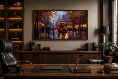 Red Double Decker Bus In Rainy London Framed Canvas Wall Art For Office Decor