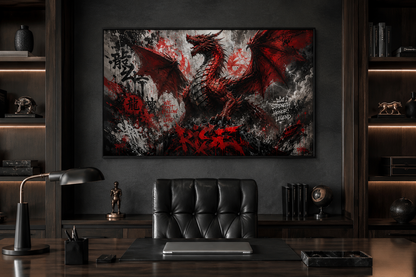 Red Dragon Graffiti Framed Canvas Wall Art For Man Cave Or Mens Office Decor