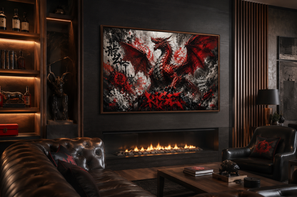 Red Dragon Graffiti Framed Canvas Wall Art For Man Cave Or Mens Office Decor