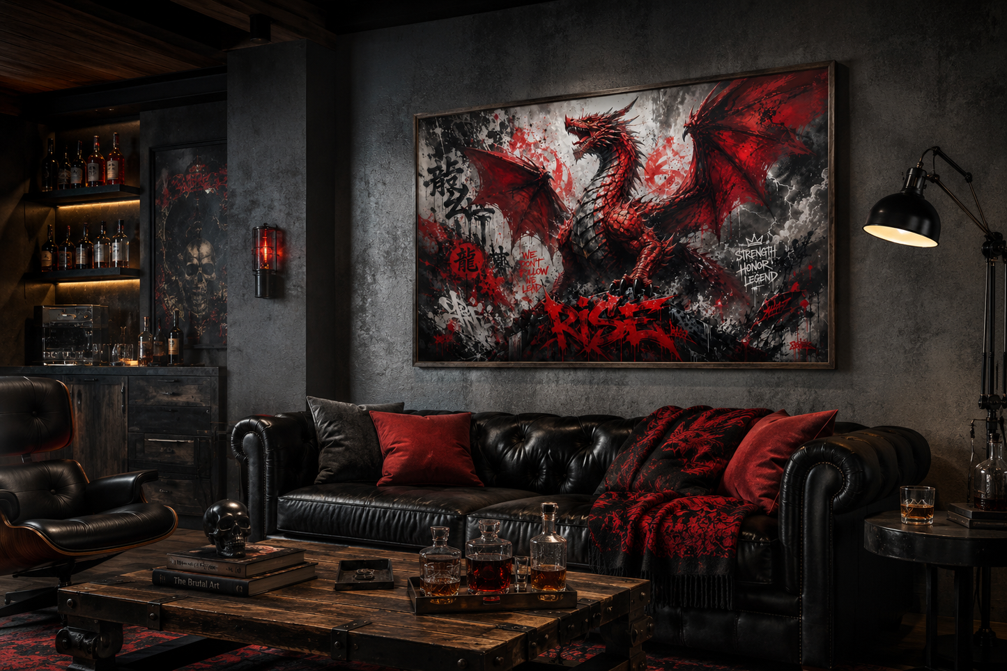 Red Dragon Graffiti Framed Canvas Wall Art For Man Cave Or Mens Office Decor