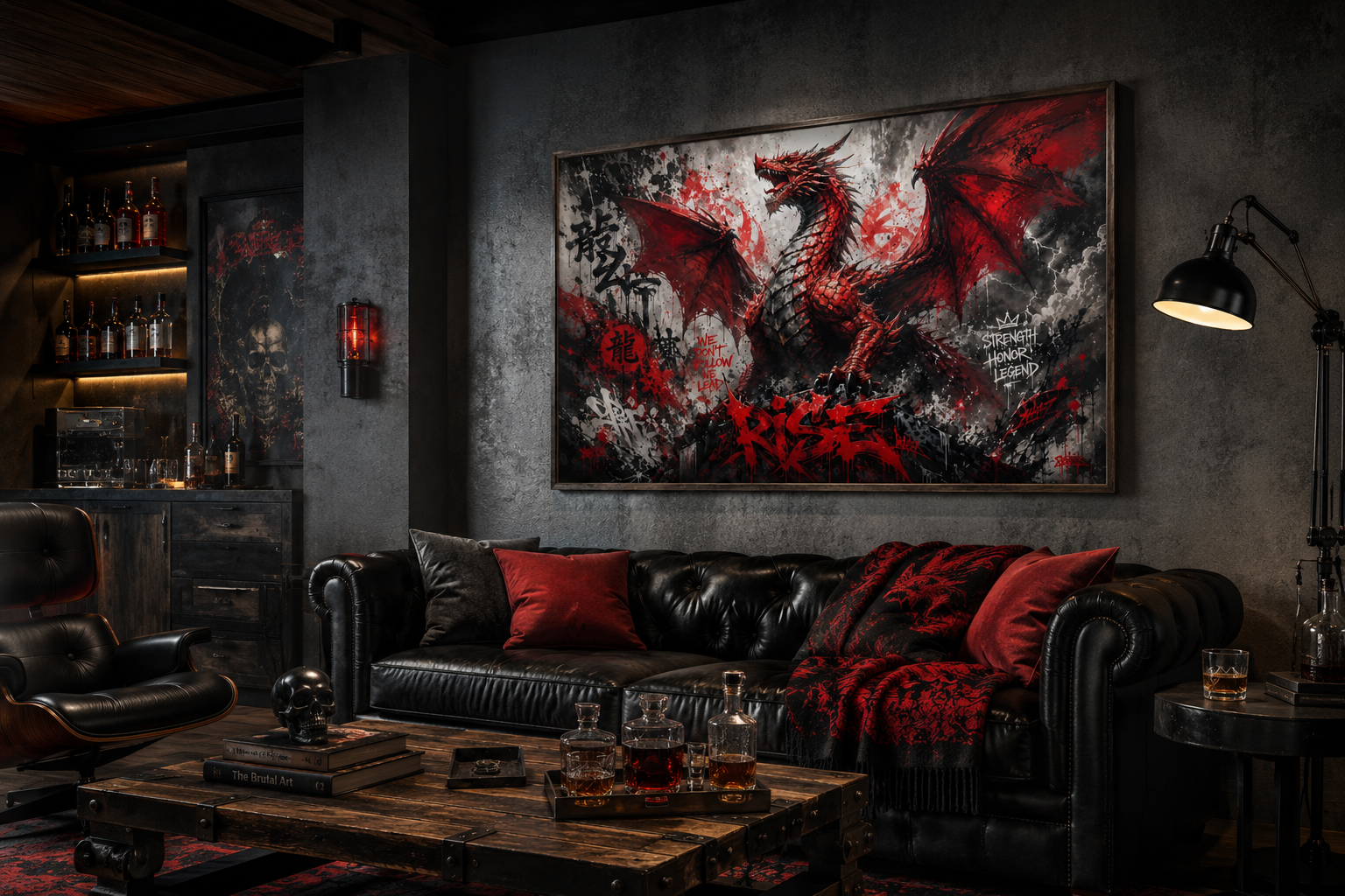 Red Dragon Graffiti Framed Canvas Wall Art For Man Cave Or Mens Office Decor
