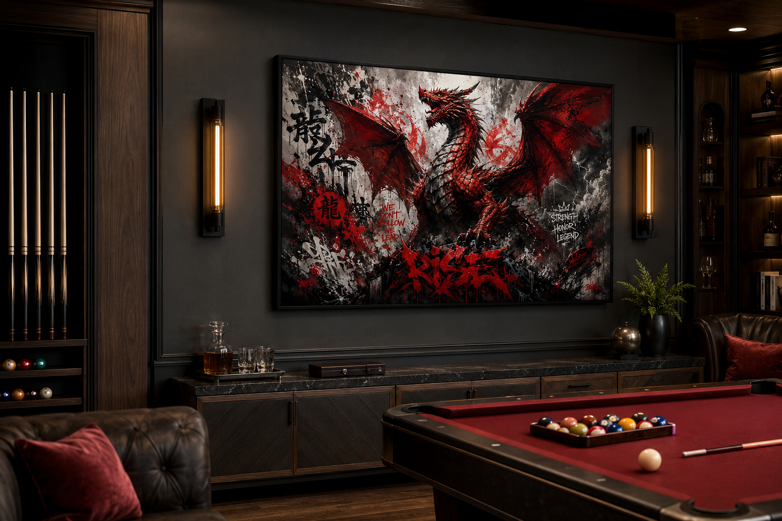 Red Dragon Graffiti Framed Canvas Wall Art For Man Cave Or Mens Office Decor