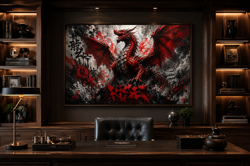 Red Dragon Graffiti Framed Canvas Wall Art For Man Cave Or Mens Office Decor