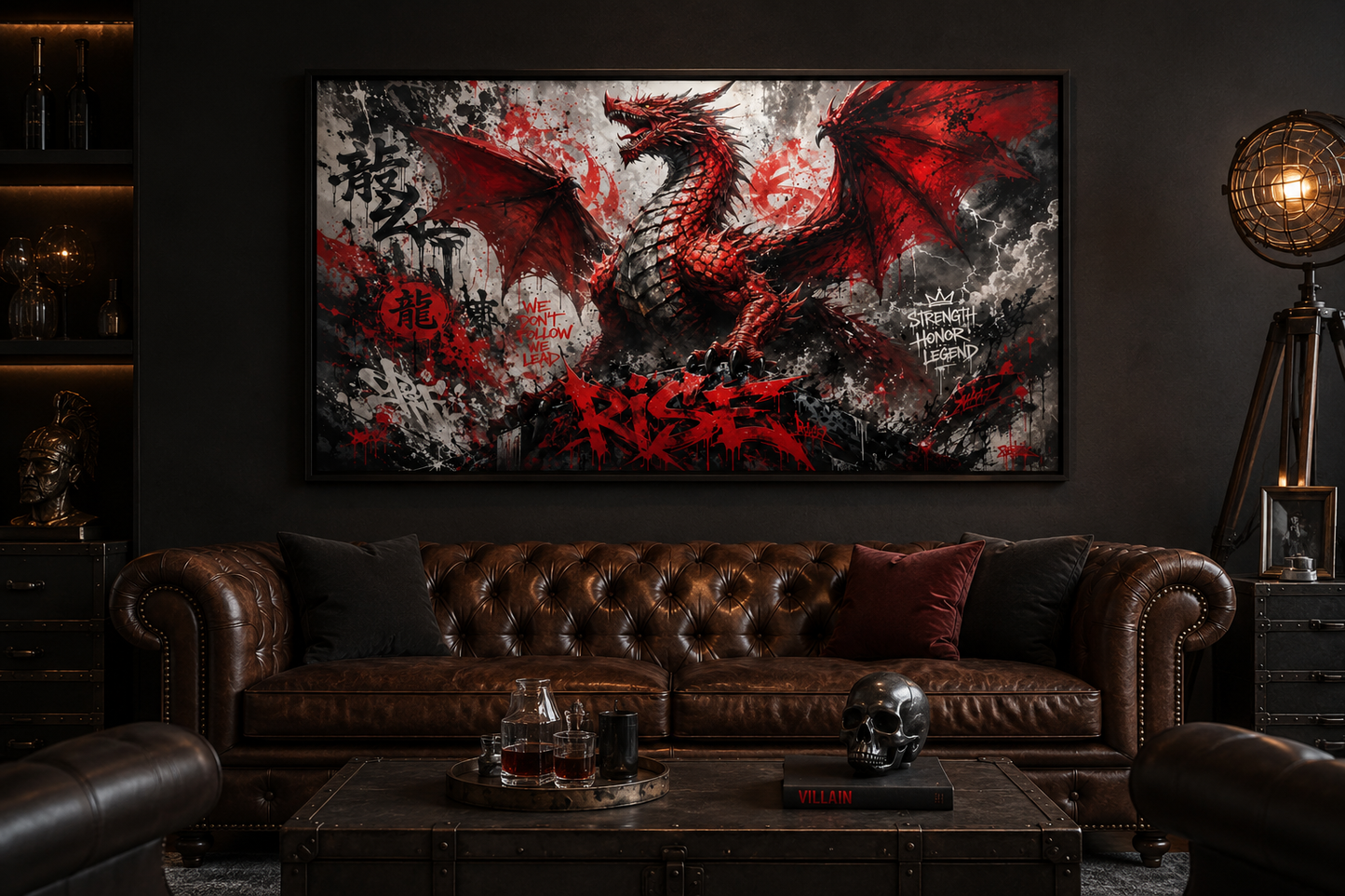 Red Dragon Graffiti Framed Canvas Wall Art For Man Cave Or Mens Office Decor