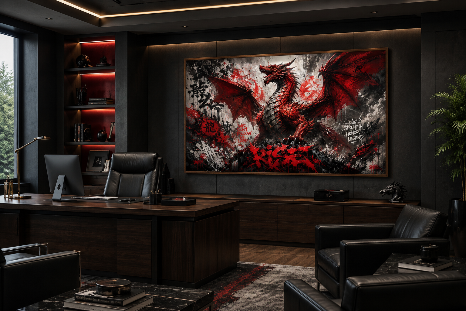 Red Dragon Graffiti Framed Canvas Wall Art For Man Cave Or Mens Office Decor