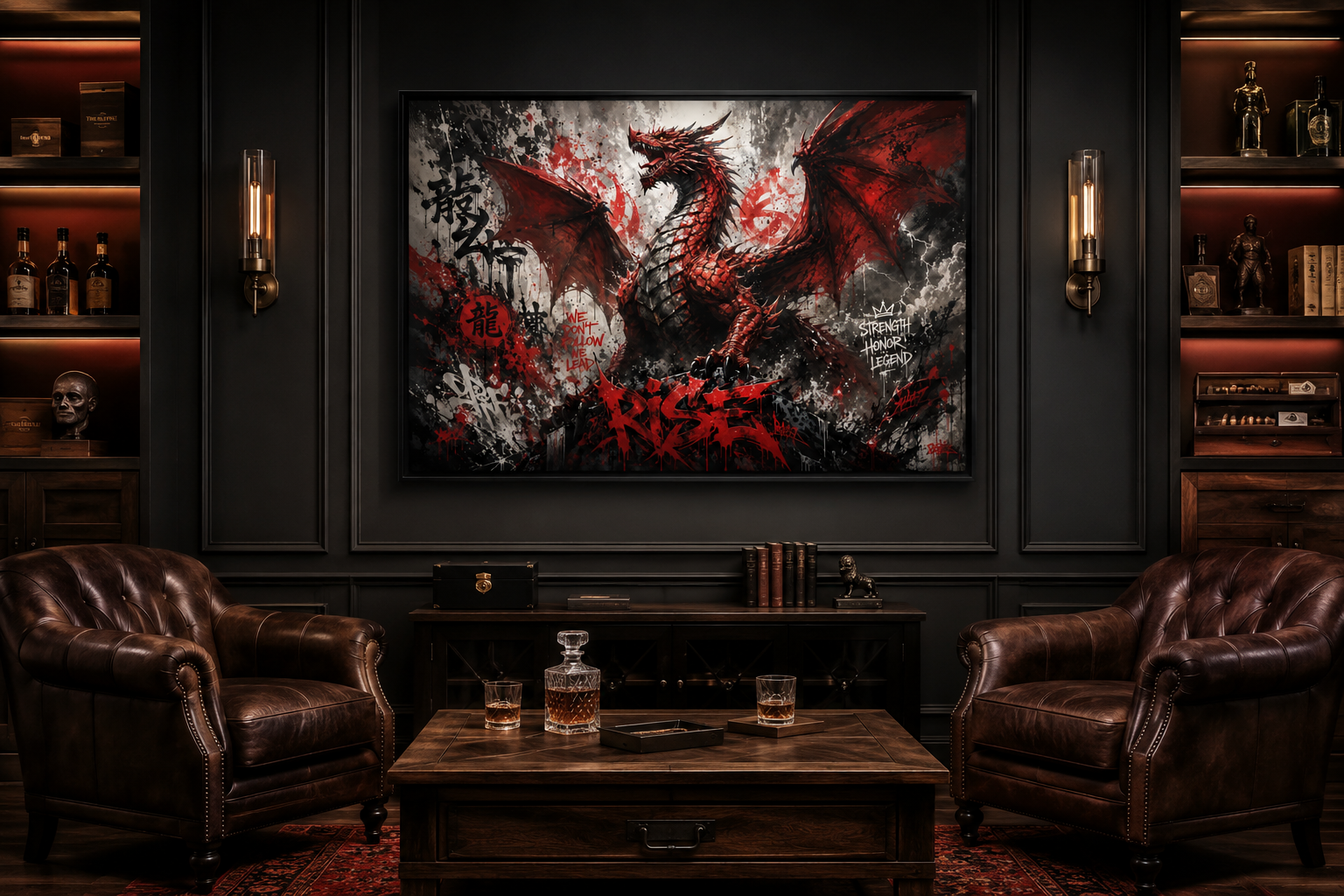 Red Dragon Graffiti Framed Canvas Wall Art For Man Cave Or Mens Office Decor