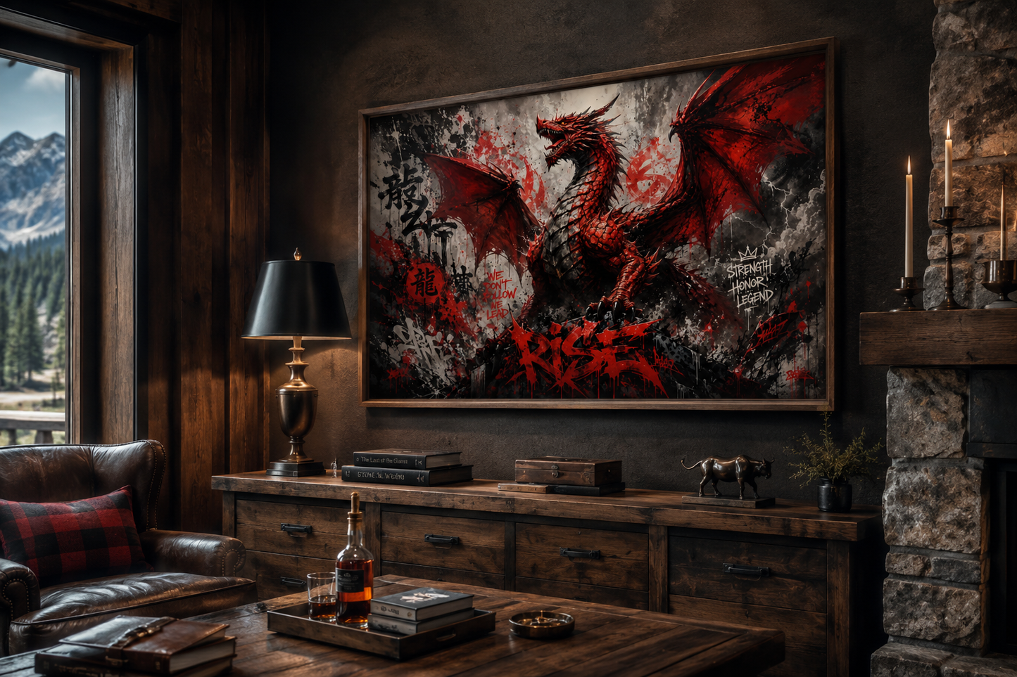 Red Dragon Graffiti Framed Canvas Wall Art For Man Cave Or Mens Office Decor