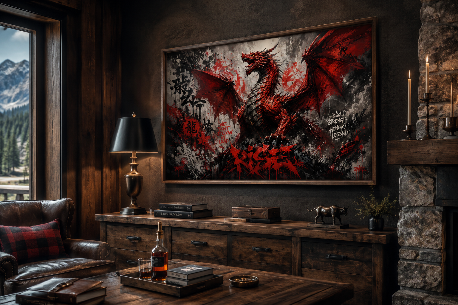 Red Dragon Graffiti Framed Canvas Wall Art For Man Cave Or Mens Office Decor