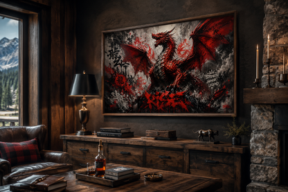 Red Dragon Graffiti Framed Canvas Wall Art For Man Cave Or Mens Office Decor
