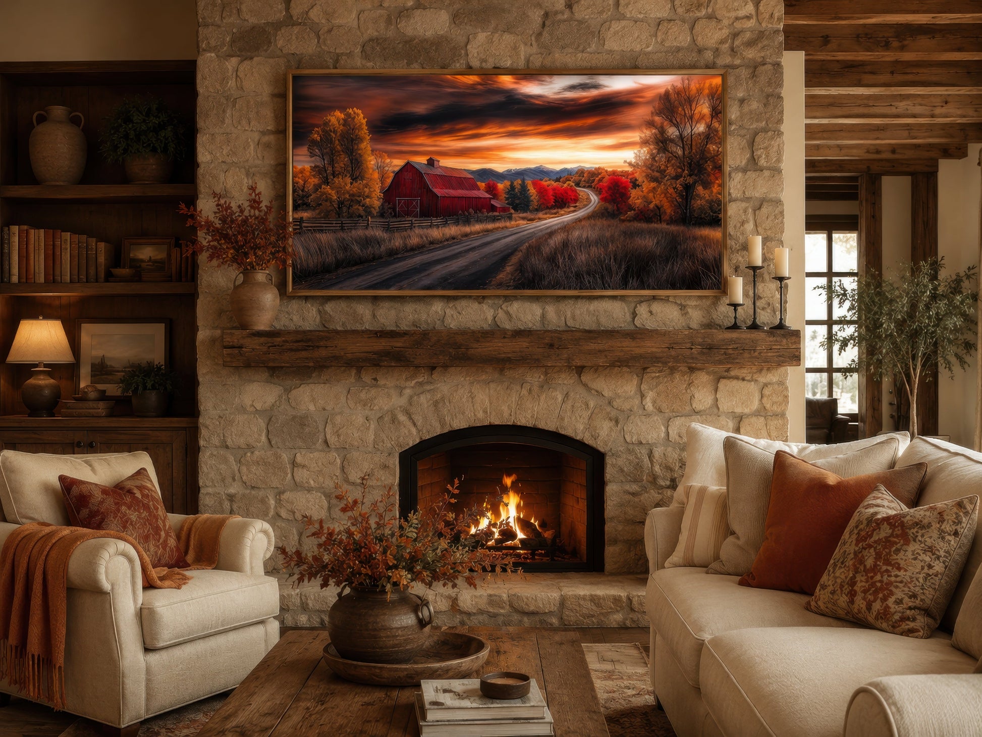 Red Barn Wall Art – Rustic Fall Canvas Art | Cozy Farmhouse Wall Decor Print