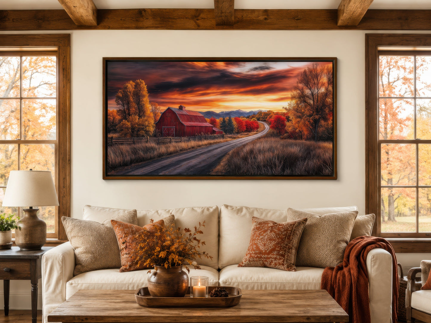 Red Barn Wall Art – Rustic Fall Canvas Art | Cozy Farmhouse Wall Decor Print