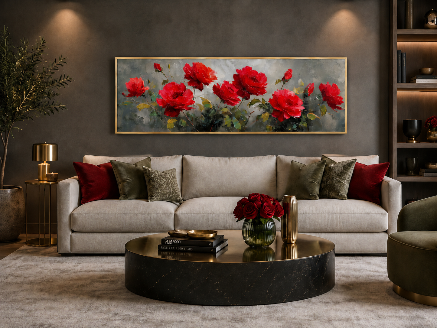 Red Grey Horizontal Roses Framed Canvas Wall Art