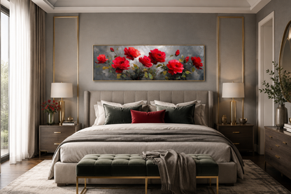 Red Grey Horizontal Roses Framed Canvas Wall Art