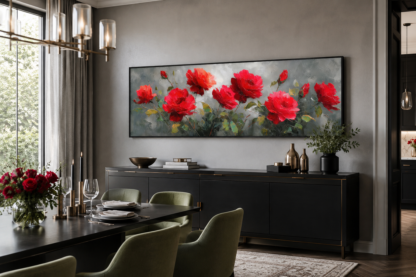 Red Grey Horizontal Roses Framed Canvas Wall Art
