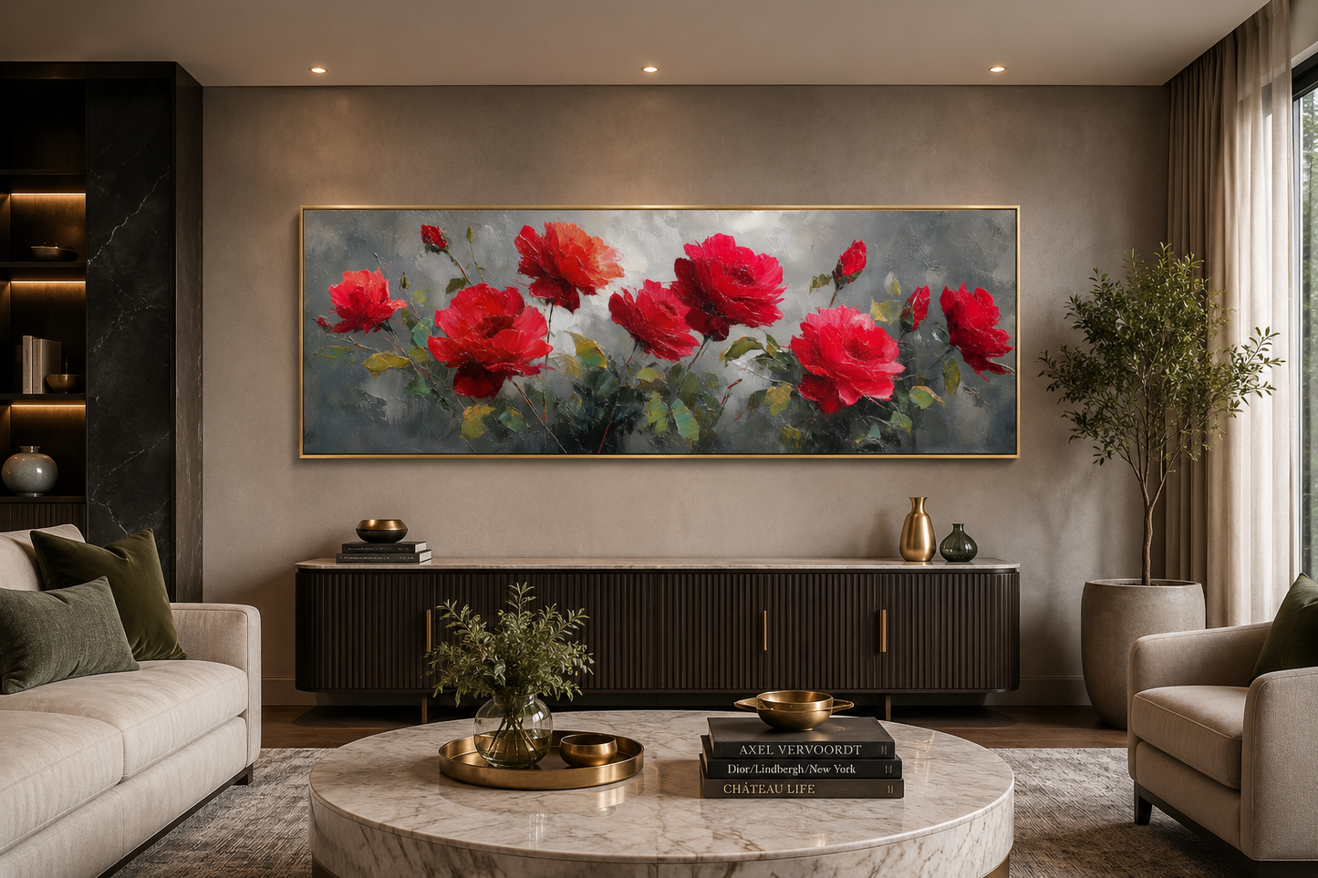 Red Grey Horizontal Roses Framed Canvas Wall Art