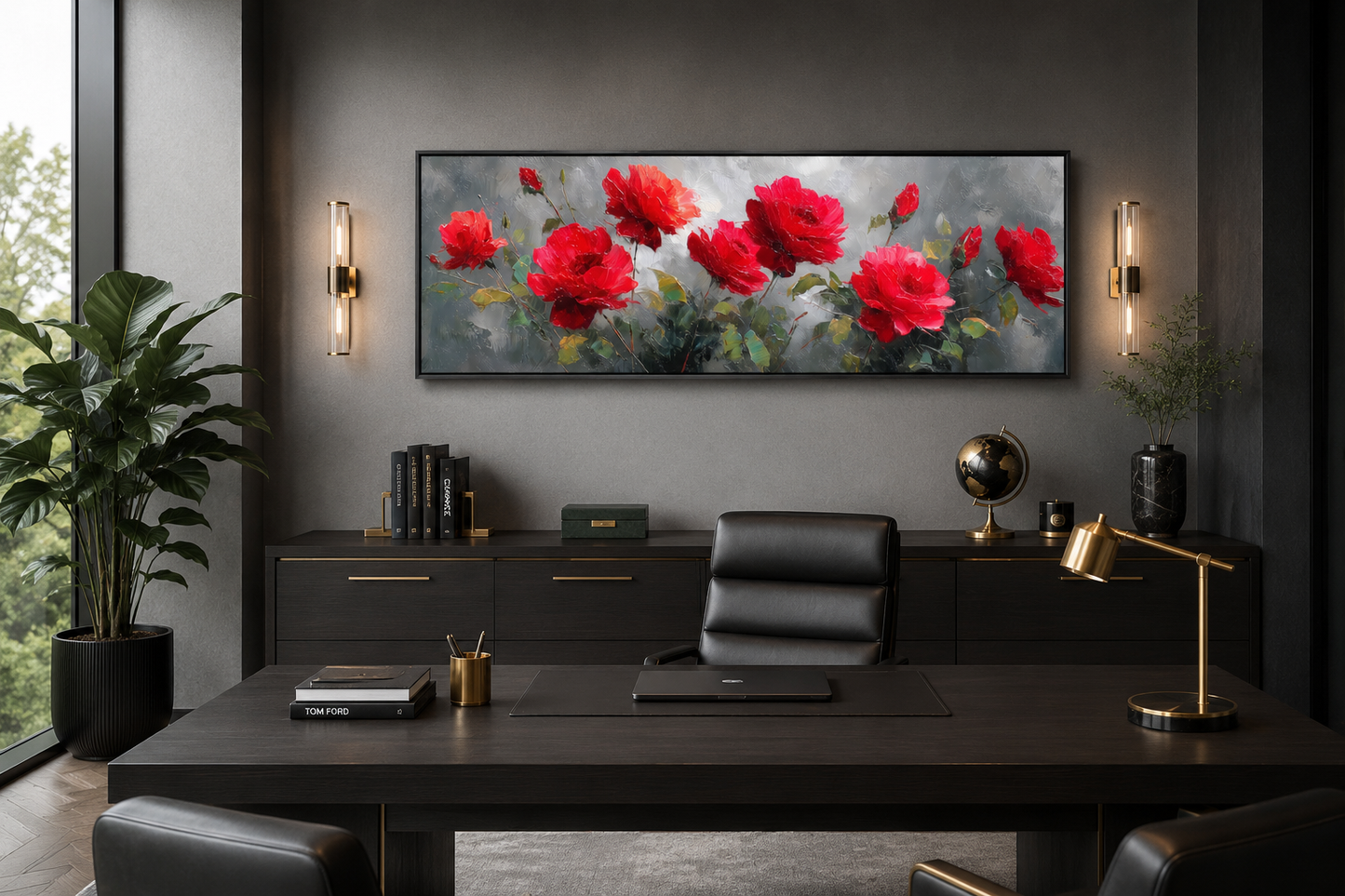 Red Grey Horizontal Roses Framed Canvas Wall Art
