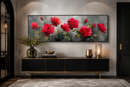 Red Grey Horizontal Roses Framed Canvas Wall Art