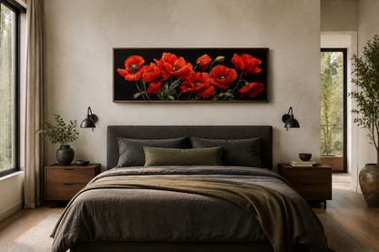 Red Poppies On Black Background Long Horizontal Framed Canvas Wall Art