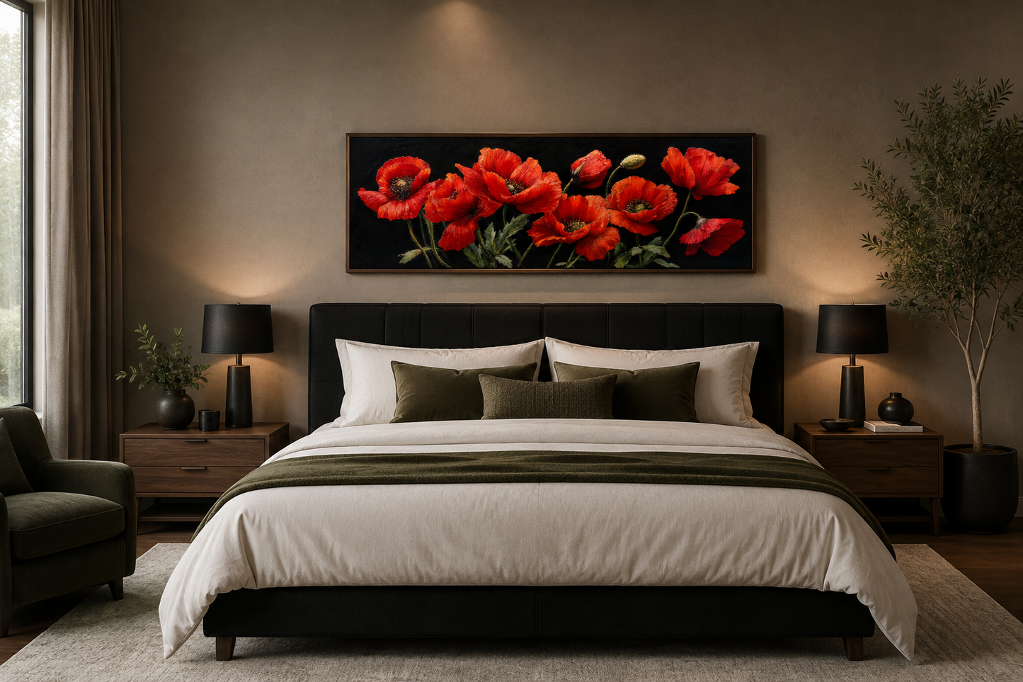 Red Poppies On Black Background Long Horizontal Framed Canvas Wall Art