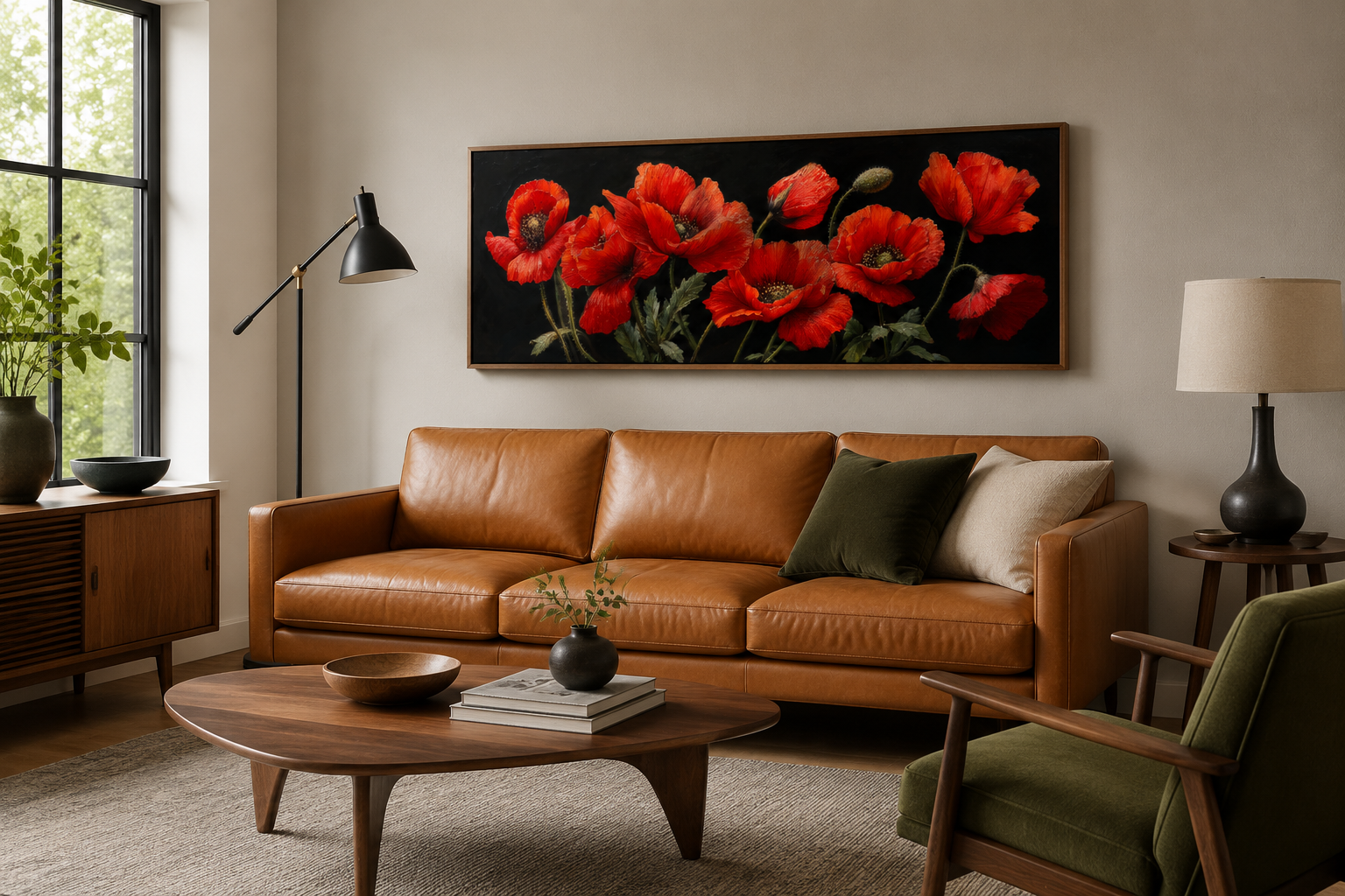 Red Poppies On Black Background Long Horizontal Framed Canvas Wall Art