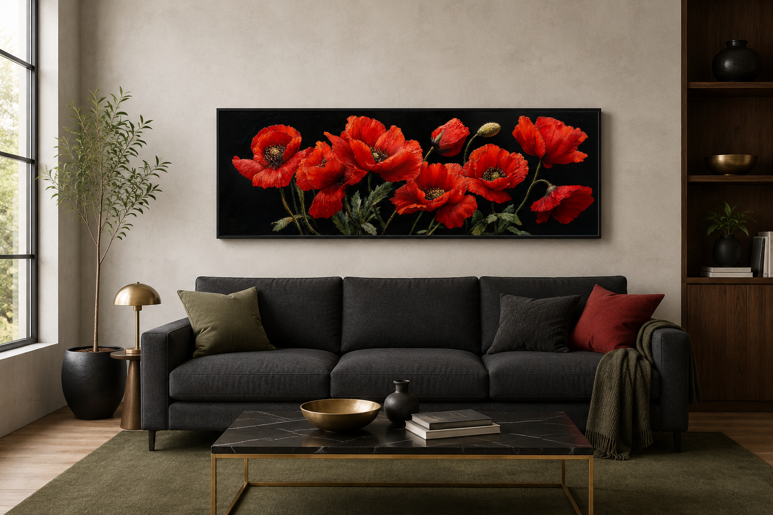 Red Poppies On Black Background Long Horizontal Framed Canvas Wall Art