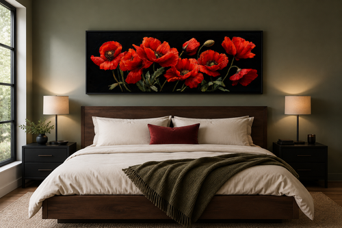 Red Poppies On Black Background Long Horizontal Framed Canvas Wall Art