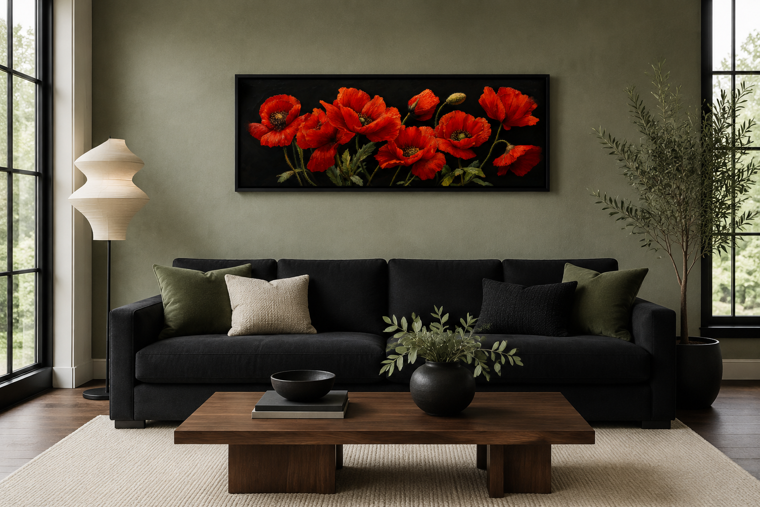 Red Poppies On Black Background Long Horizontal Framed Canvas Wall Art