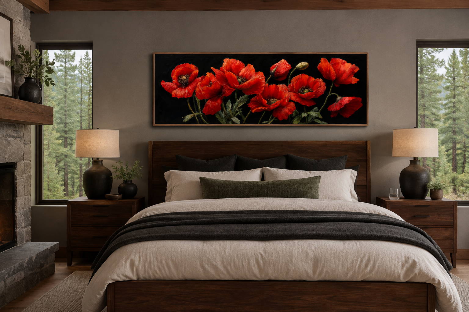 Red Poppies On Black Background Long Horizontal Framed Canvas Wall Art