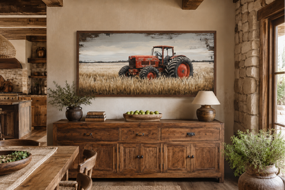 Red Tractor In The Wheat Field Rustic Farmhouse Wall Decor Canvas Wall Art