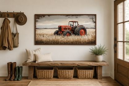 Red Tractor In The Wheat Field Rustic Farmhouse Wall Decor Canvas Wall Art