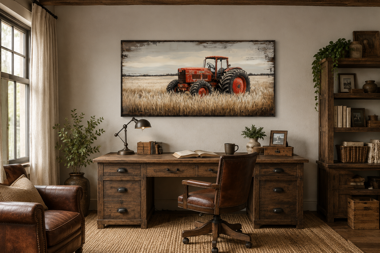 Red Tractor In The Wheat Field Rustic Farmhouse Wall Decor Canvas Wall Art