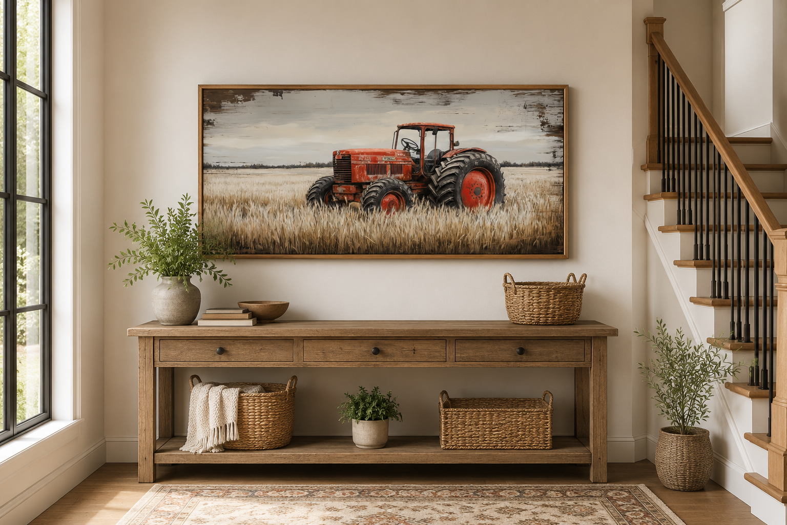 Red Tractor In The Wheat Field Rustic Farmhouse Wall Decor Canvas Wall Art