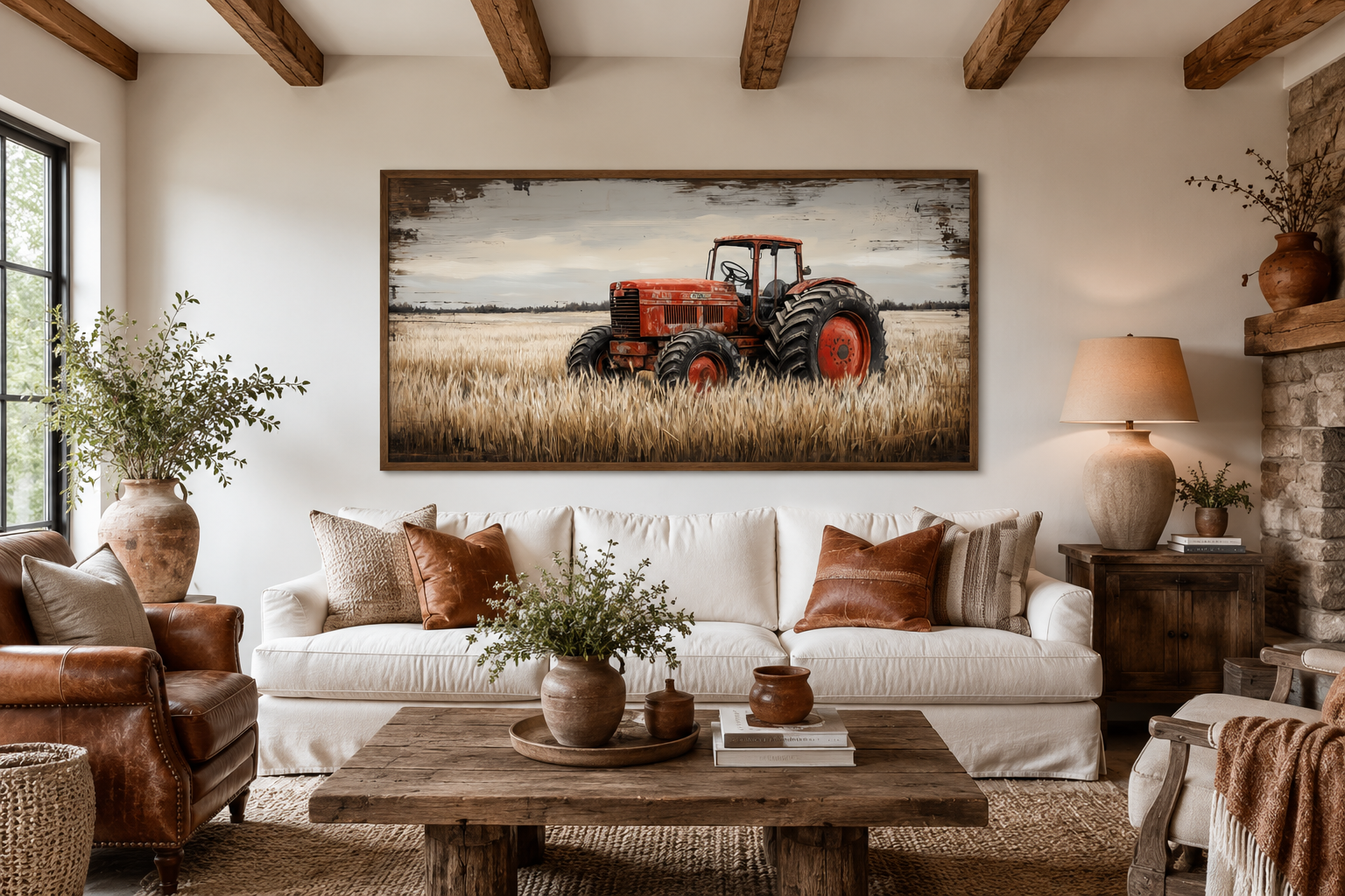Red Tractor In The Wheat Field Rustic Farmhouse Wall Decor Canvas Wall Art