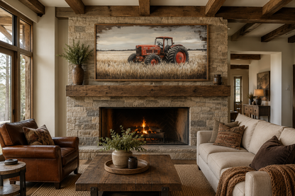 Red Tractor In The Wheat Field Rustic Farmhouse Wall Decor Canvas Wall Art