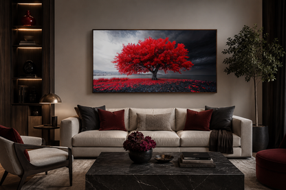 Red Tree Wall Art - Framed Canvas Print | Modern Black Red White Living Room Decor