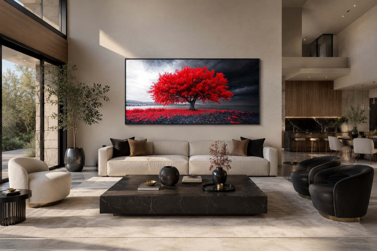 Red Tree Wall Art - Framed Canvas Print | Modern Black Red White Living Room Decor