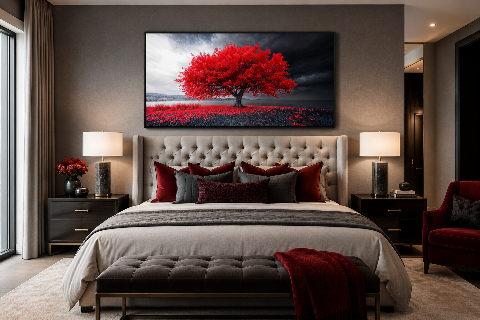 Red Tree Wall Art - Framed Canvas Print | Modern Black Red White Living Room Decor