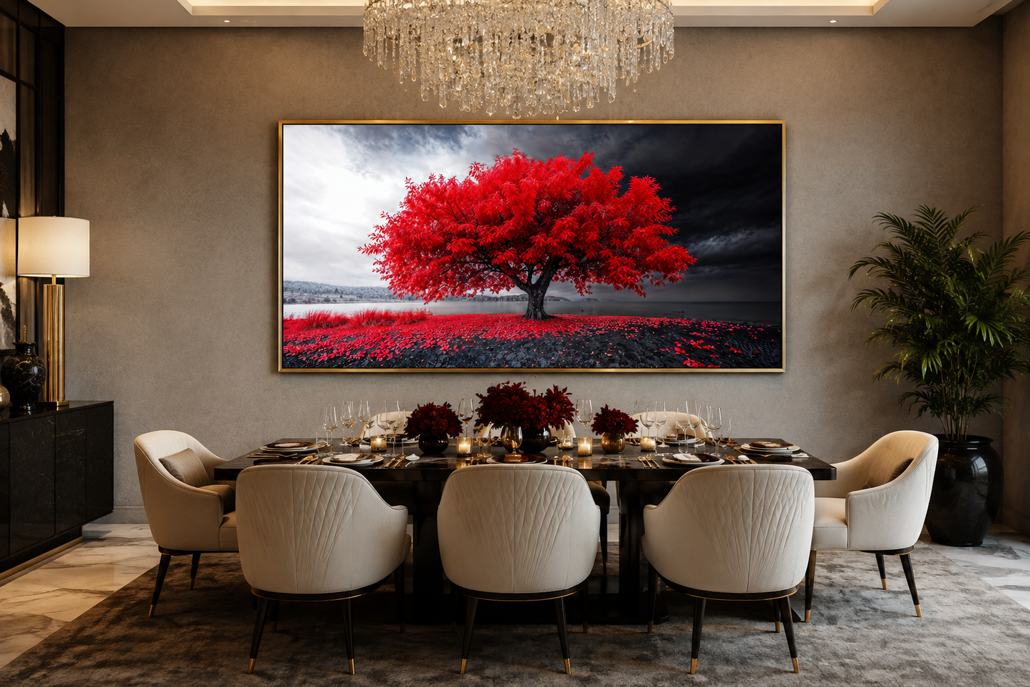Red Tree Wall Art - Framed Canvas Print | Modern Black Red White Living Room Decor