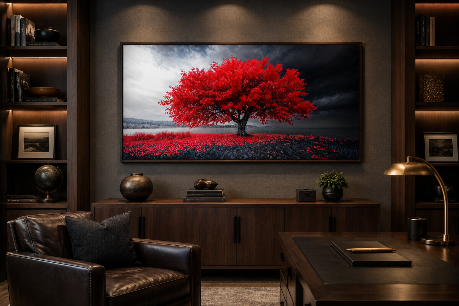 Red Tree Wall Art - Framed Canvas Print | Modern Black Red White Living Room Decor