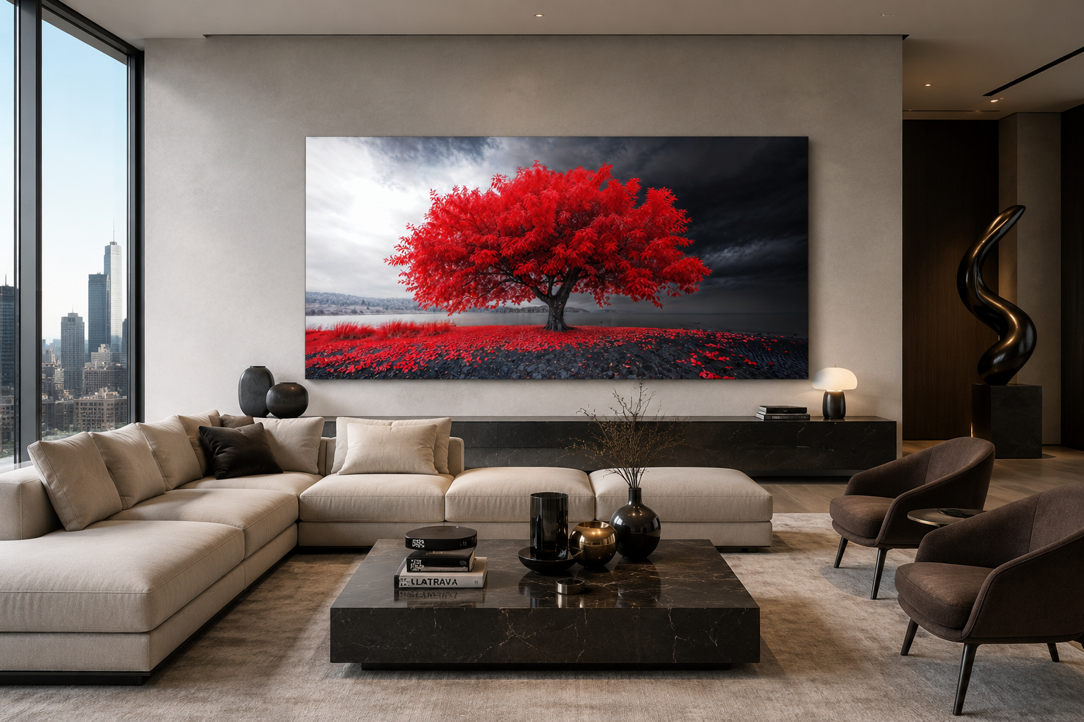 Red Tree Wall Art - Framed Canvas Print | Modern Black Red White Living Room Decor