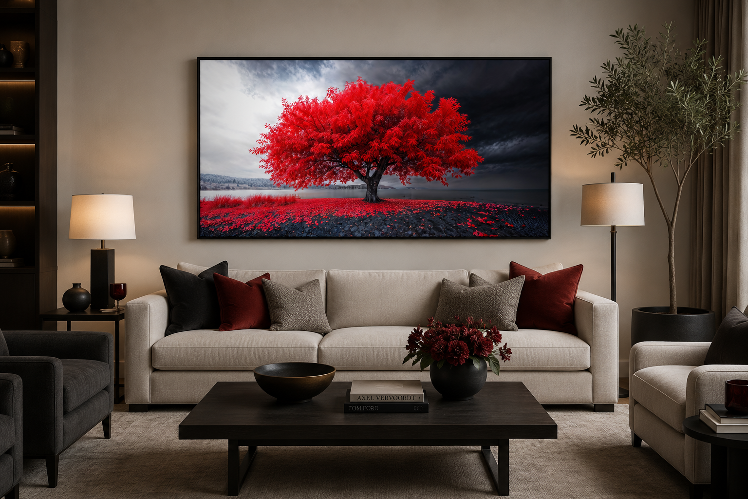 Red Tree Wall Art - Framed Canvas Print | Modern Black Red White Living Room Decor