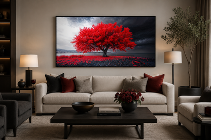 Red Tree Wall Art - Framed Canvas Print | Modern Black Red White Living Room Decor
