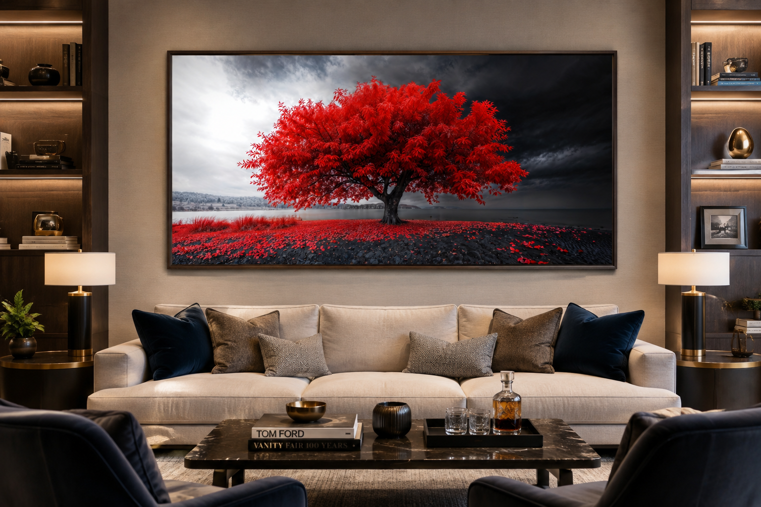 Red Tree Wall Art - Framed Canvas Print | Modern Black Red White Living Room Decor