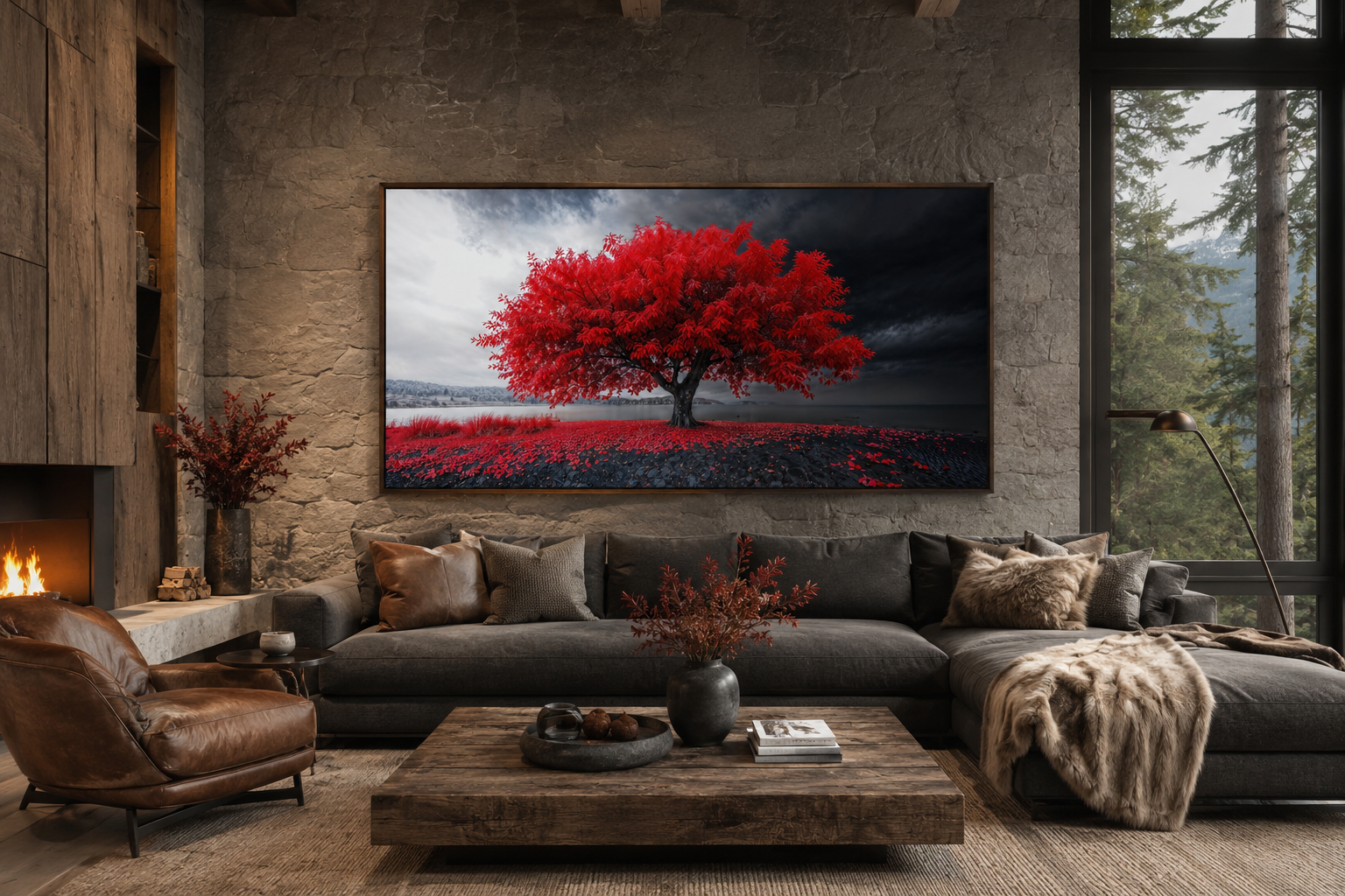 Red Tree Wall Art - Framed Canvas Print | Modern Black Red White Living Room Decor